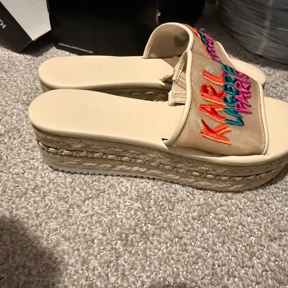 Karl Lagerfeld Cream Espadrille Sandals with Colorful Embroidery